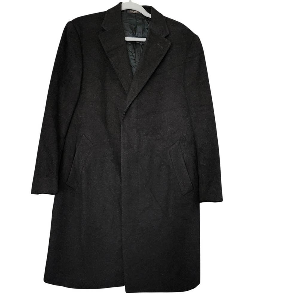 Corneliani Mens 50R Overcoat Virgin Wool Black Charcoal Gray Long Coat Italy